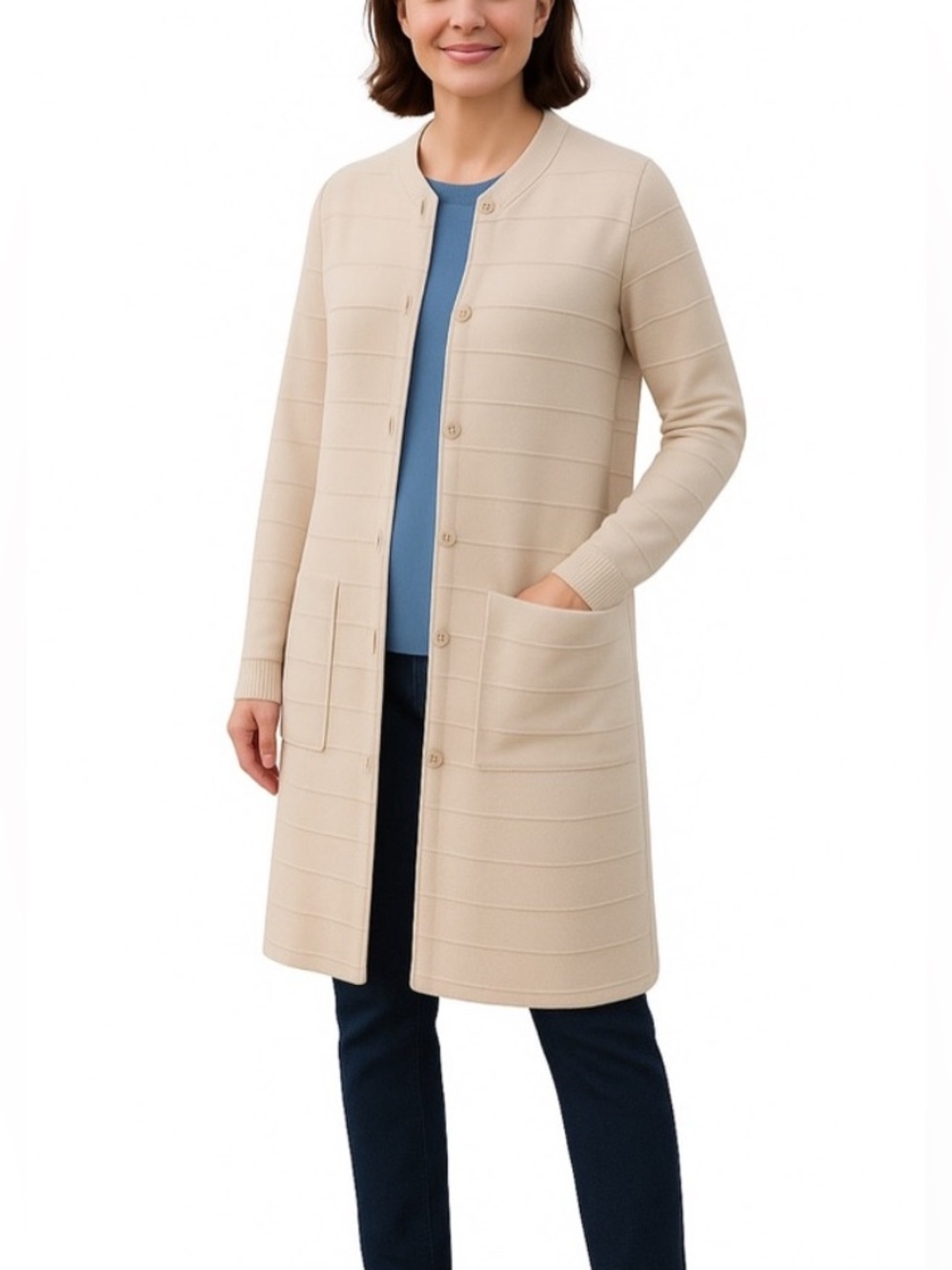 COS Cardigan Sweater Jacket Ivory Medium Ribbed Textured Long Duster Lagenlook
